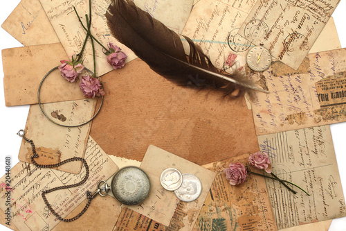 Bilde på lerret Vintage background with frame of postcards, photo,flowers