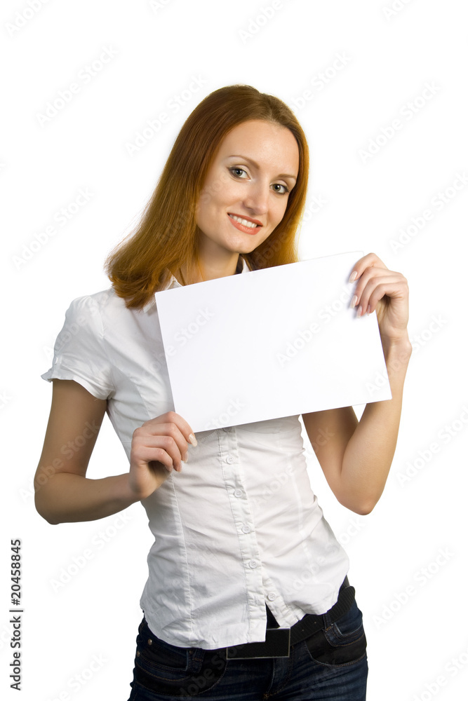 Beautiful attractive smiling business woman holding sign Beautiful attractive smiling business woman holding sign