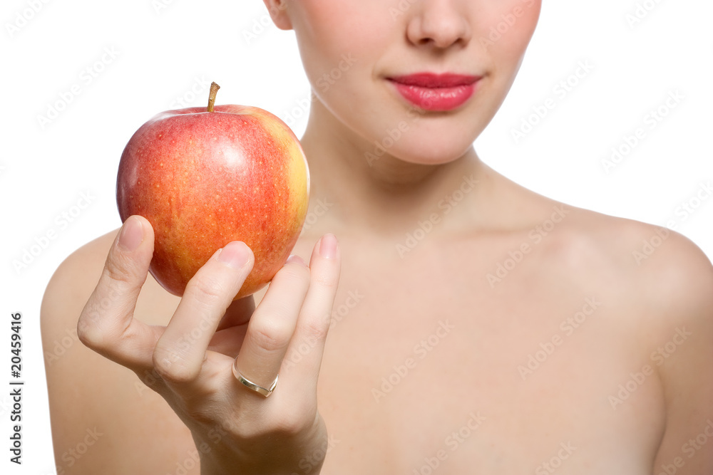 beautiful young blonde woman offering red apple beautiful young blonde woman offering red apple