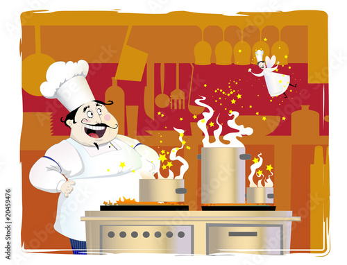 chef en su cocina y hada del sabor