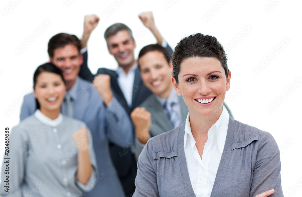 Cheerful business partners punching the air in celebration Cheerful business partners punching the air in celebration