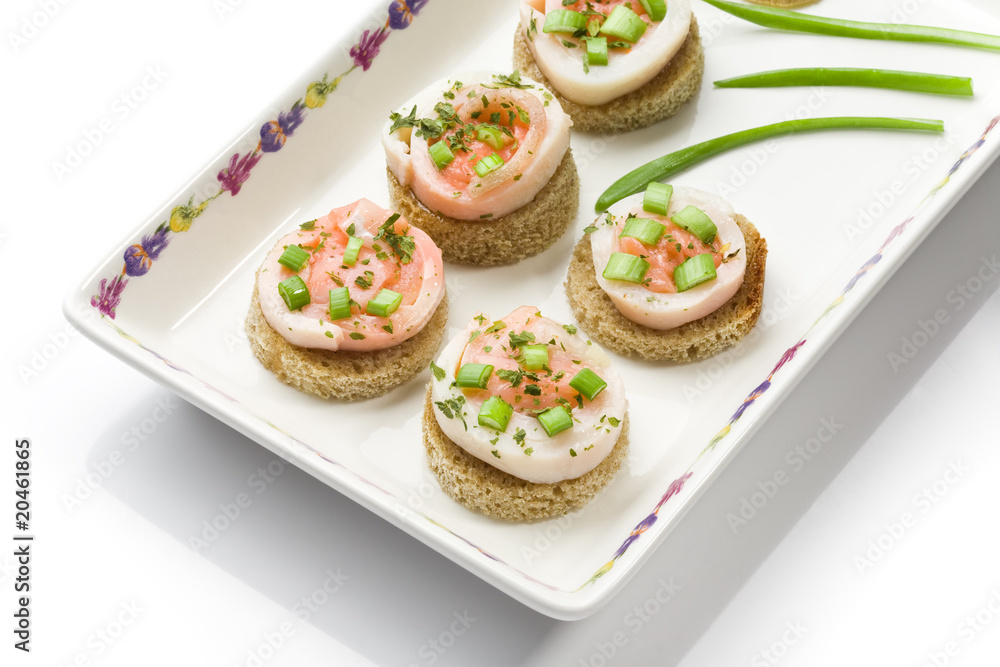 Seafood canapes  on a square dish