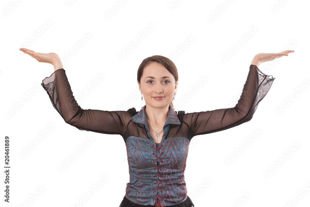 Young woman with raised up hands. Young woman with raised up hands.