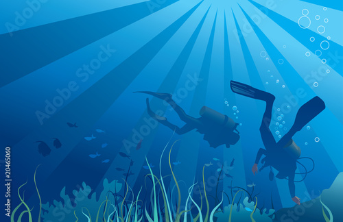 Obraz na plátne Scuba divers, sea  life. Vector illustration