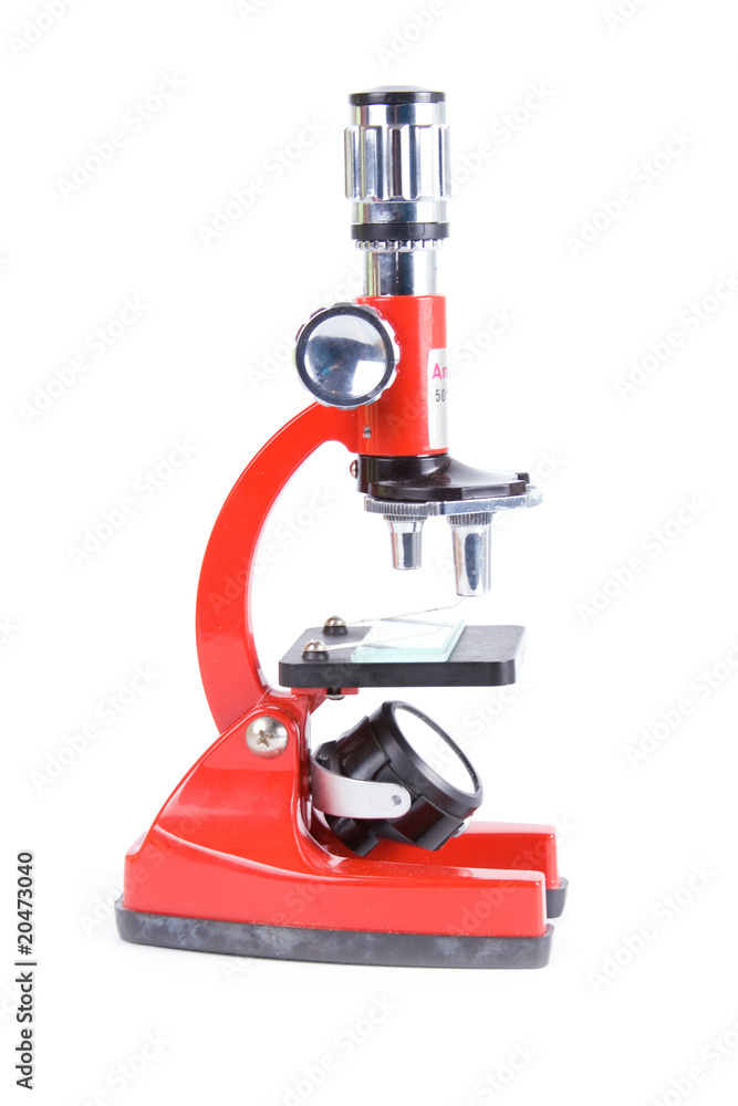 Close up of a red microscope Close up of a red microscope