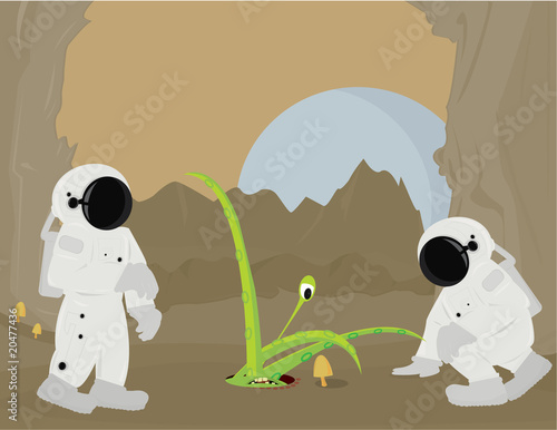 Astronauts and alien on planet surface