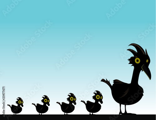Black bird with baby birds