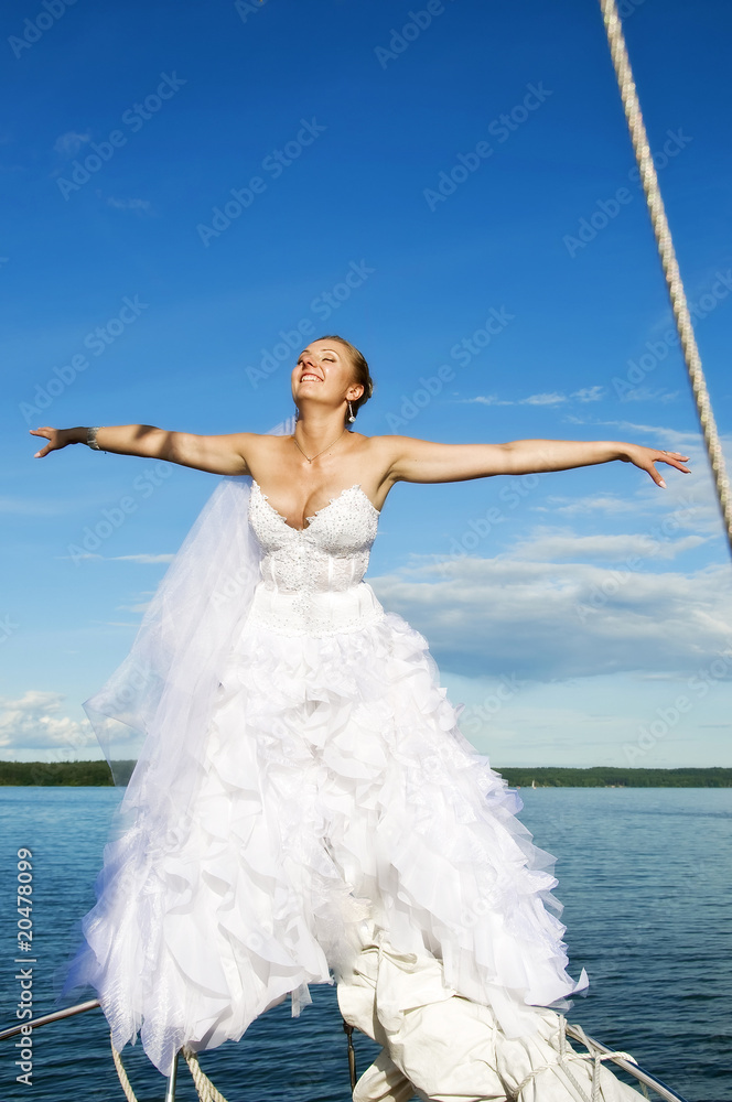 Happy bride flying with open arms Happy bride flying with open arms