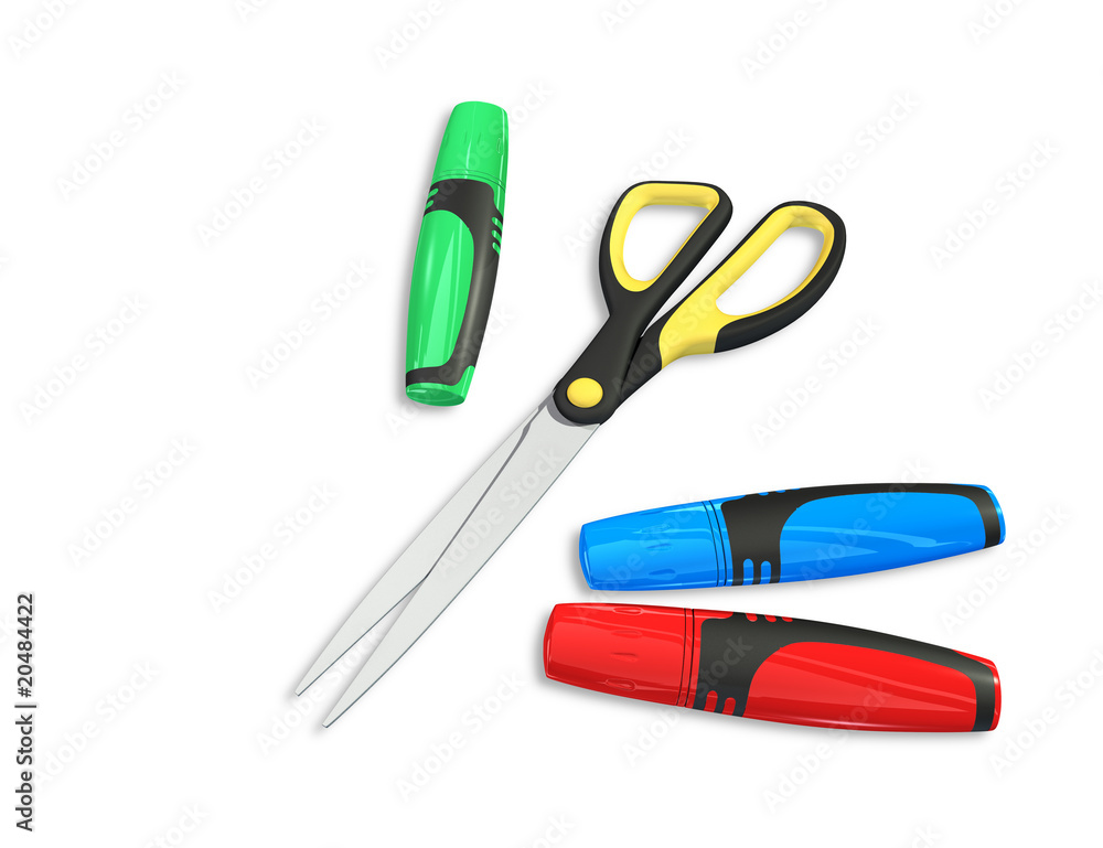 Markers and scissors isolated 3d model Markers and scissors isolated 3d model