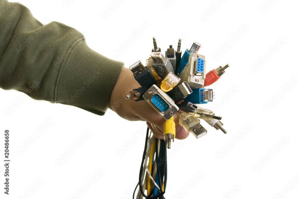 man holding bunch of cables man holding bunch of cables