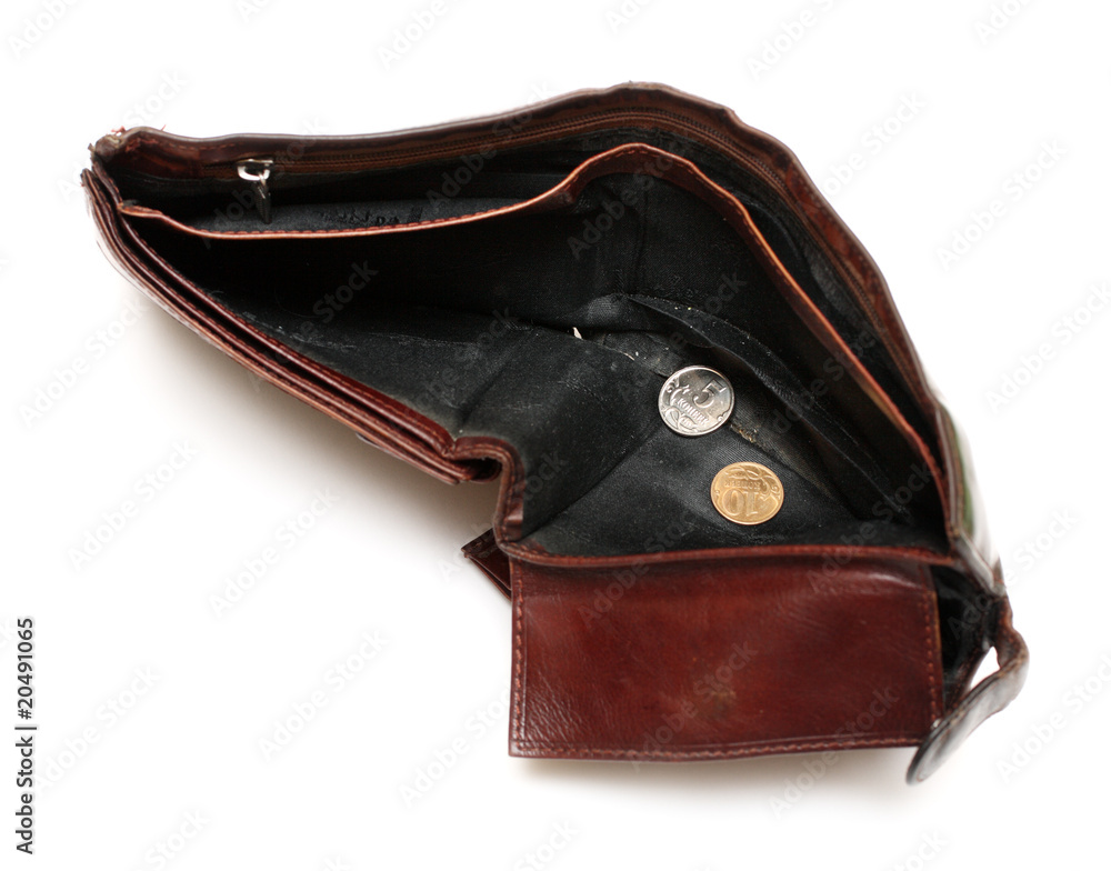 Naklejka premium battered empty purse with two coins