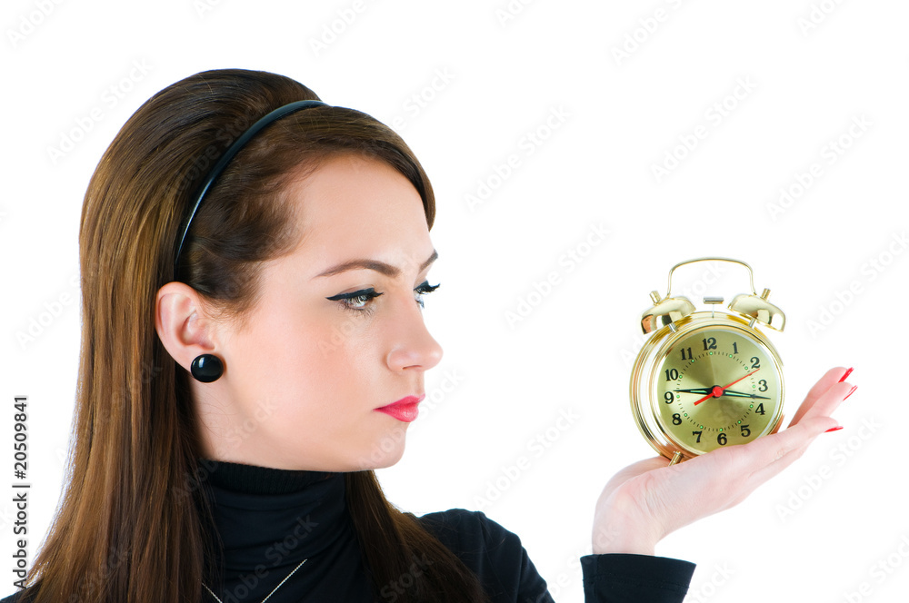 Woman with clock isolated on the white Woman with clock isolated on the white