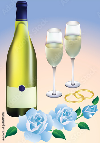 Wedding rings, roses and champagne.