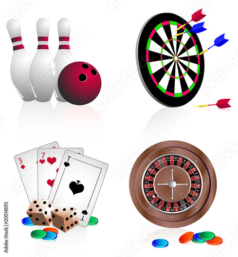 Bowling, darts, cards, dice, roulette. Vector Icons.