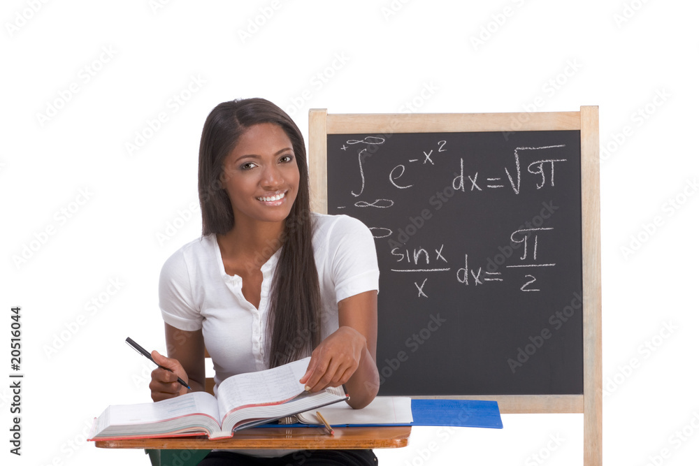 Black college student woman studying math exam Black college student woman studying math exam