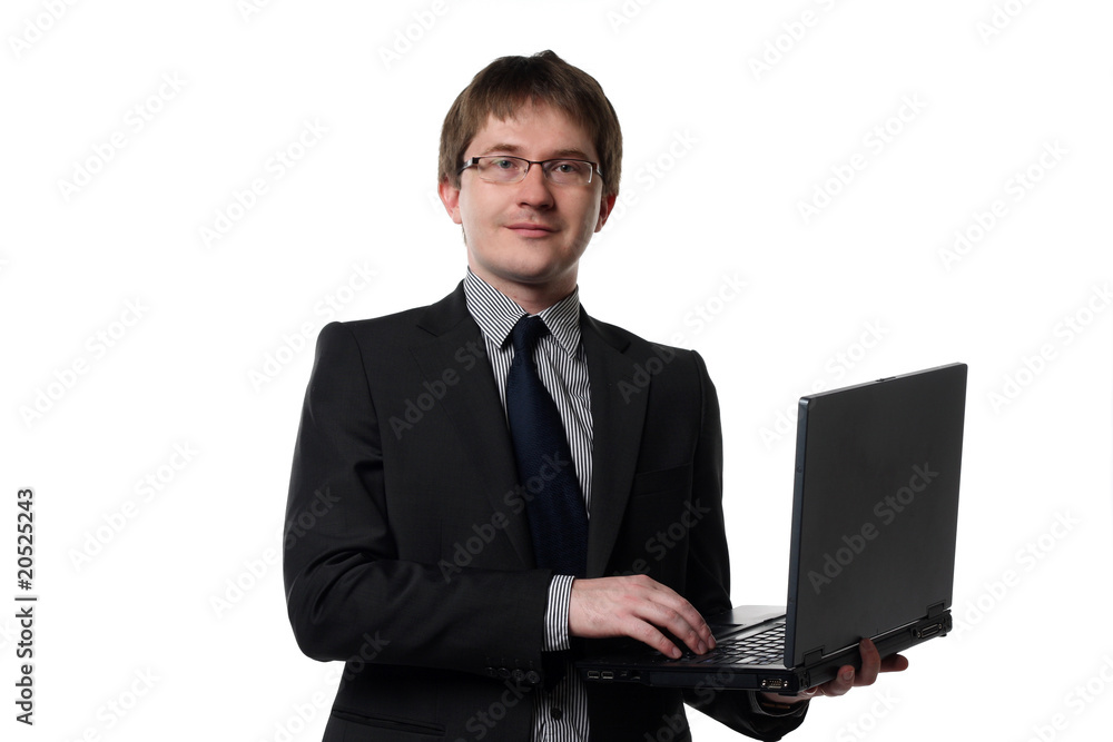 Young manager with laptop isolated on white Young manager with laptop isolated on white
