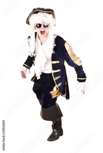 Man in sunglasses and old costume with wig. Isolated.