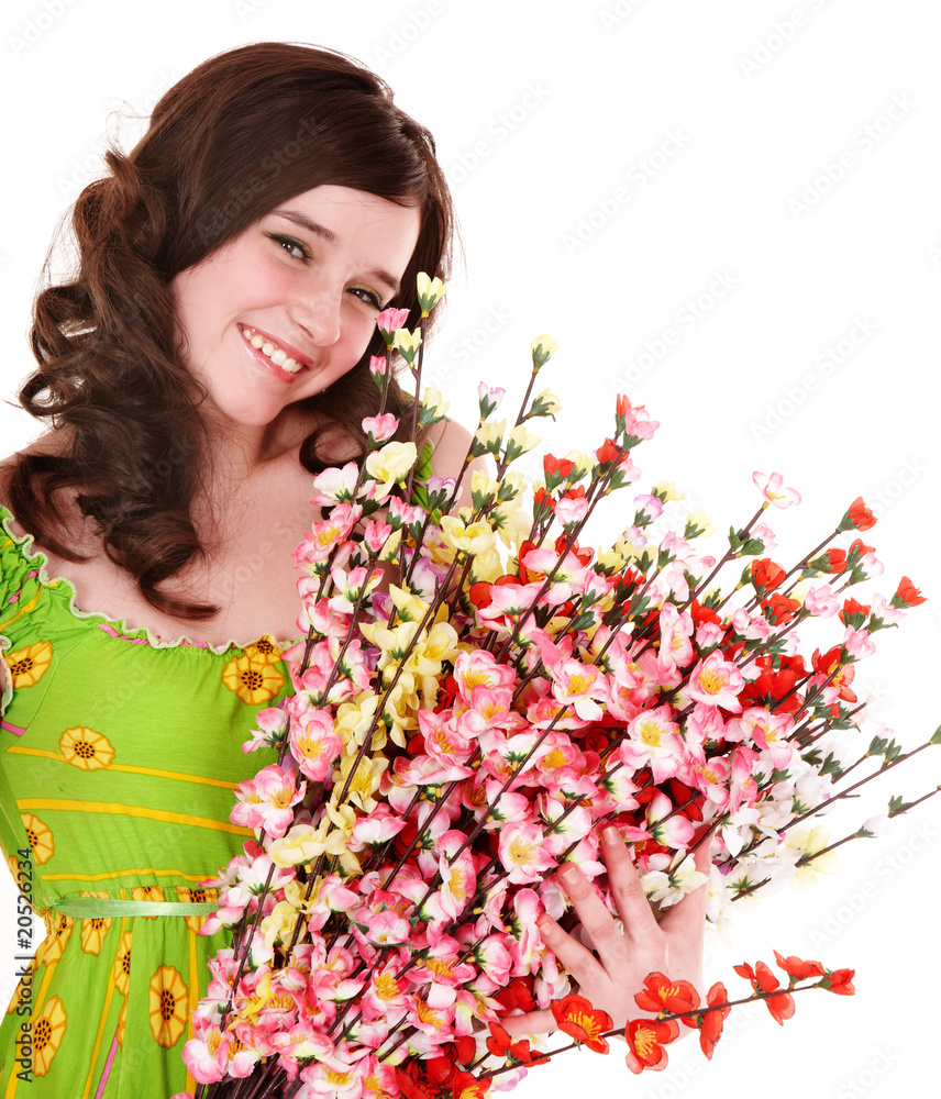 Fototapeta premium Beautiful girl with spring flower. Isolated.