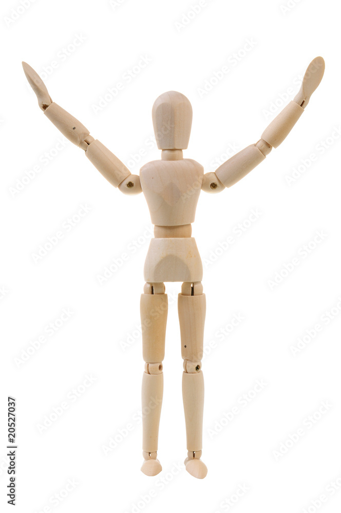 Wooden mannequin with arms up isolated on white background Wooden mannequin with arms up isolated on white background