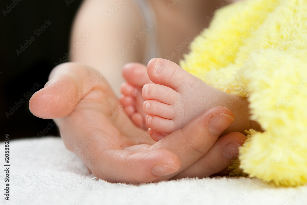 protection. baby’s feet in mommy's hand protection. baby’s feet in mommy's hand