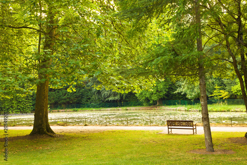 Park bench and big pond from Cheverny chateau. France