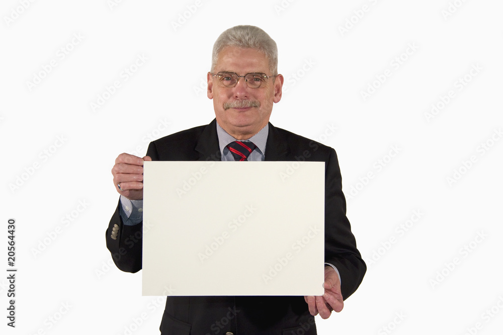 senior businessman holding white board with copy space senior businessman holding white board with copy space