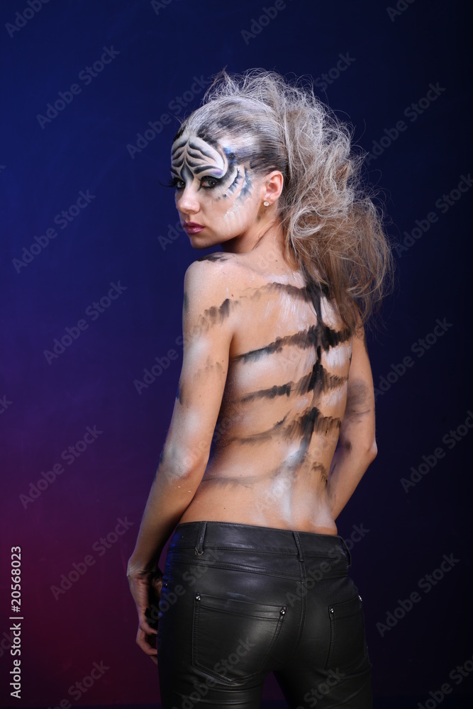 Naklejka premium White tiger - beautiful model with bodypainting