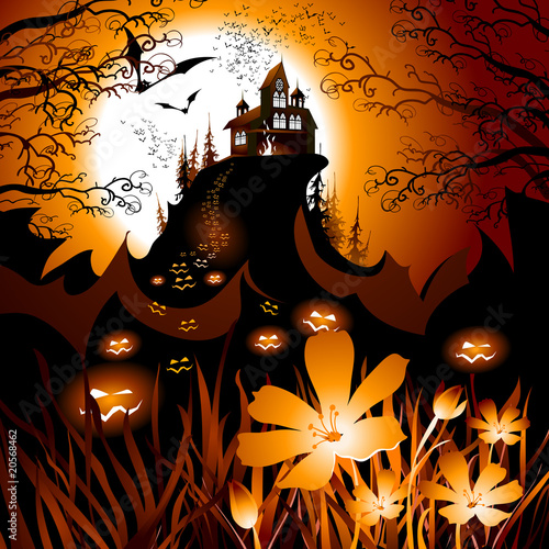Halloween landscape with yellow flowers.