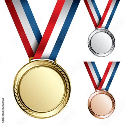 Three detailed vector medals - gold, silver and bronze photo