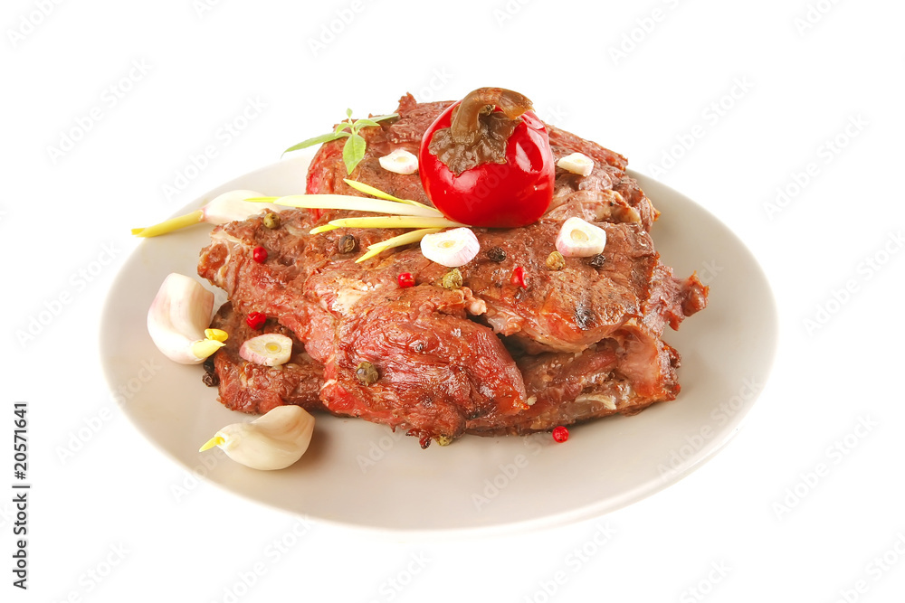 beef meat chunk on grey dish beef meat chunk on grey dish
