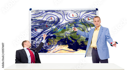 Weathermen behind an anchor desk