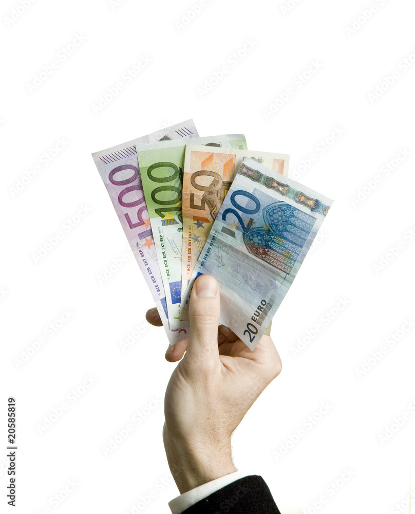 businessman hand holding euro bills isolated on white background businessman hand holding euro bills isolated on white background
