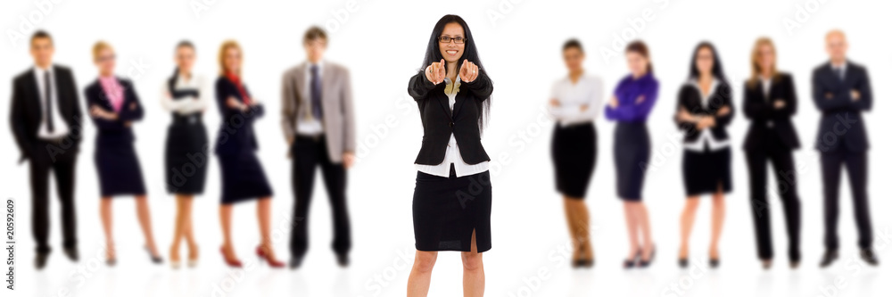 businesswoman with glasses and her team