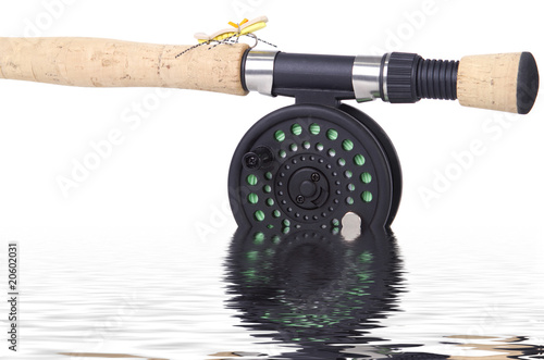 Fly rod and reel with fly isolated in the water