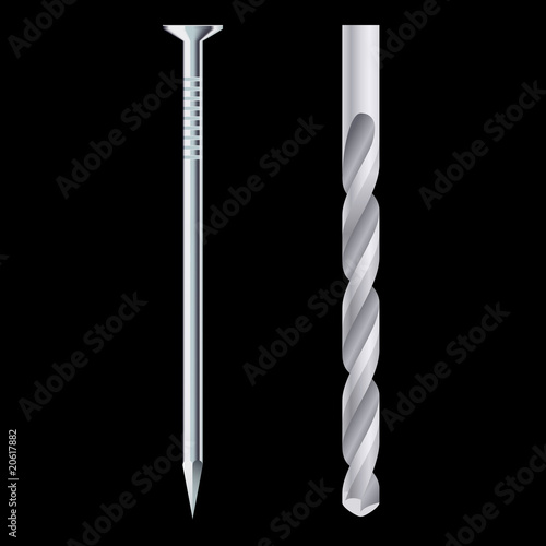Drill bit and steel nail - realistic vector illustration