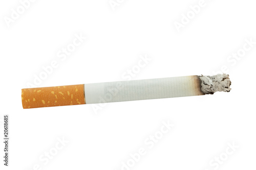 closeup of lit cigarette with ash isolated on white background