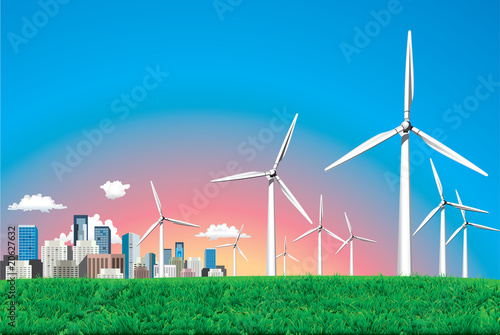 Vector. Electrical windmill over cityscape scene.