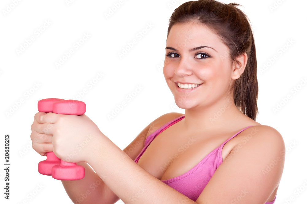 smiling girl exercising with weights smiling girl exercising with weights