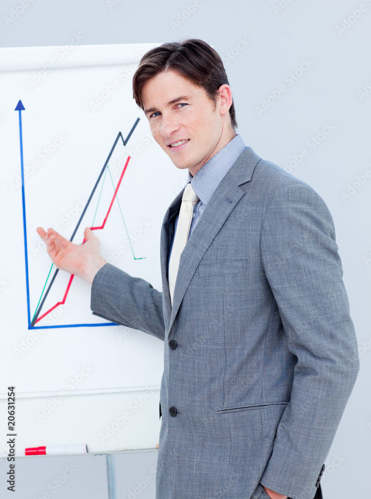 Handsome businessman reporting sales figures Handsome businessman reporting sales figures