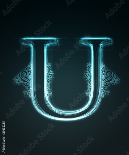 Glowing font. Shiny letter U.