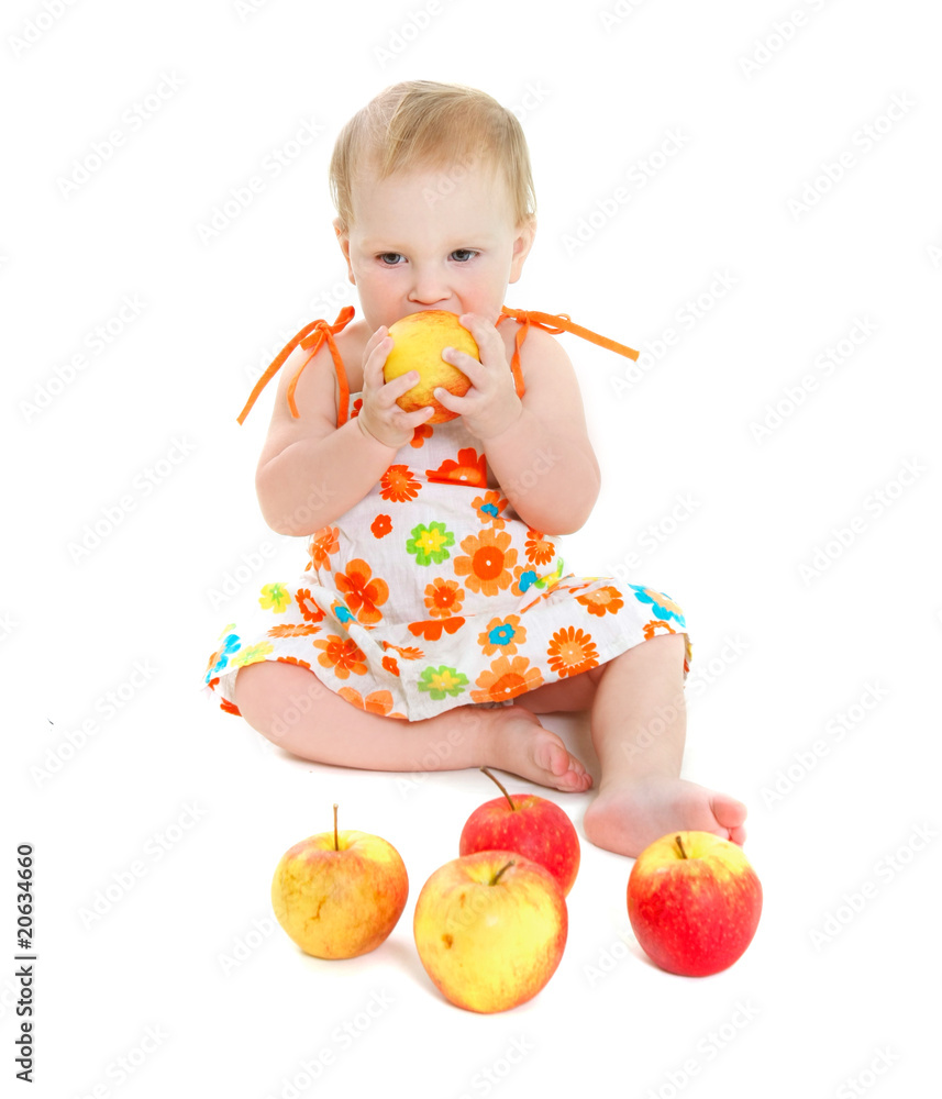 cute baby girl with apples over white cute baby girl with apples over white
