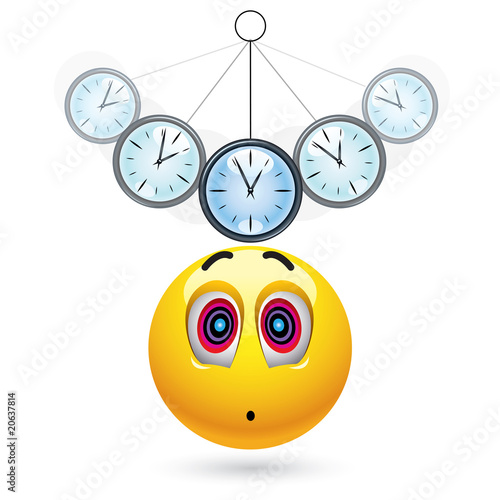 Smiley ball being hypnotized with clock