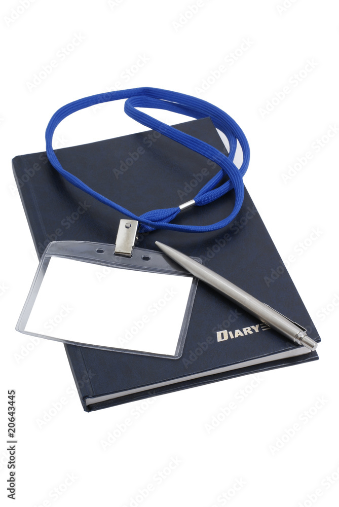 Badge, diary and pen Badge, diary and pen
