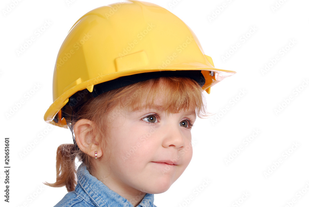 little girl builder with yellow helmet portrait little girl builder with yellow helmet portrait
