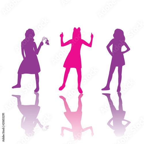 Cute girls silhouettes in pink and violet