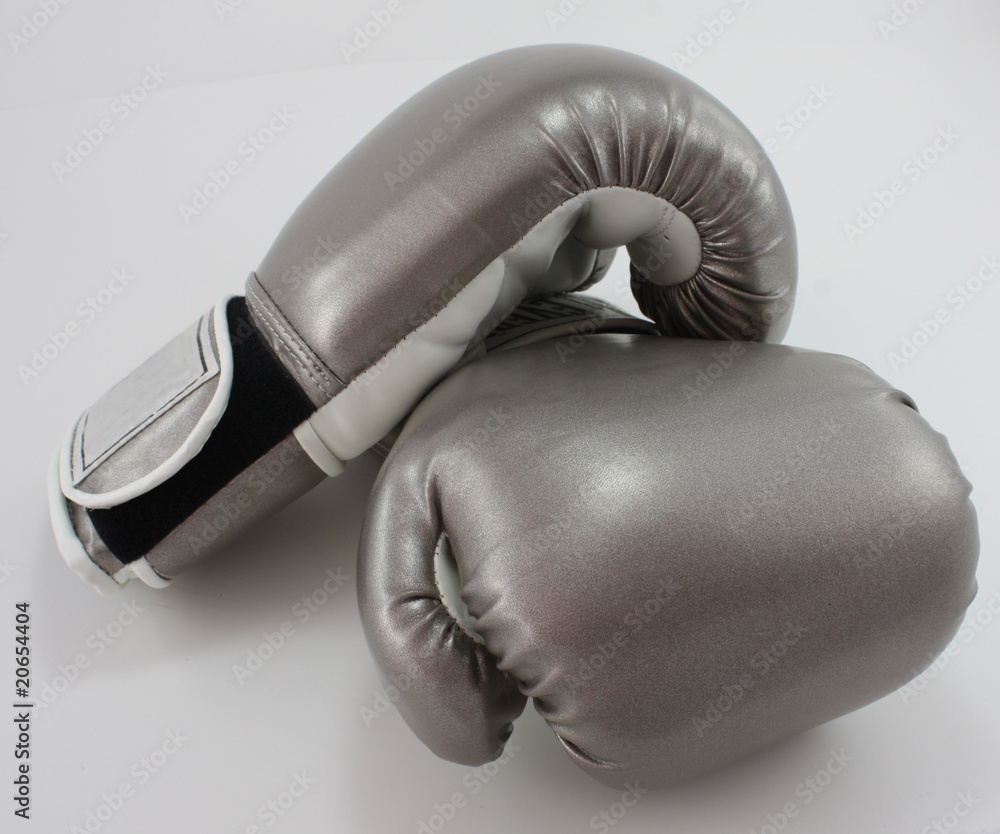 Pair of silver boxing gloves on white background