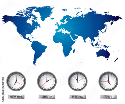 World map and time zone clocks