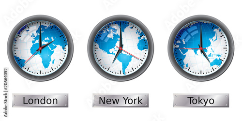 World map time zone clocks