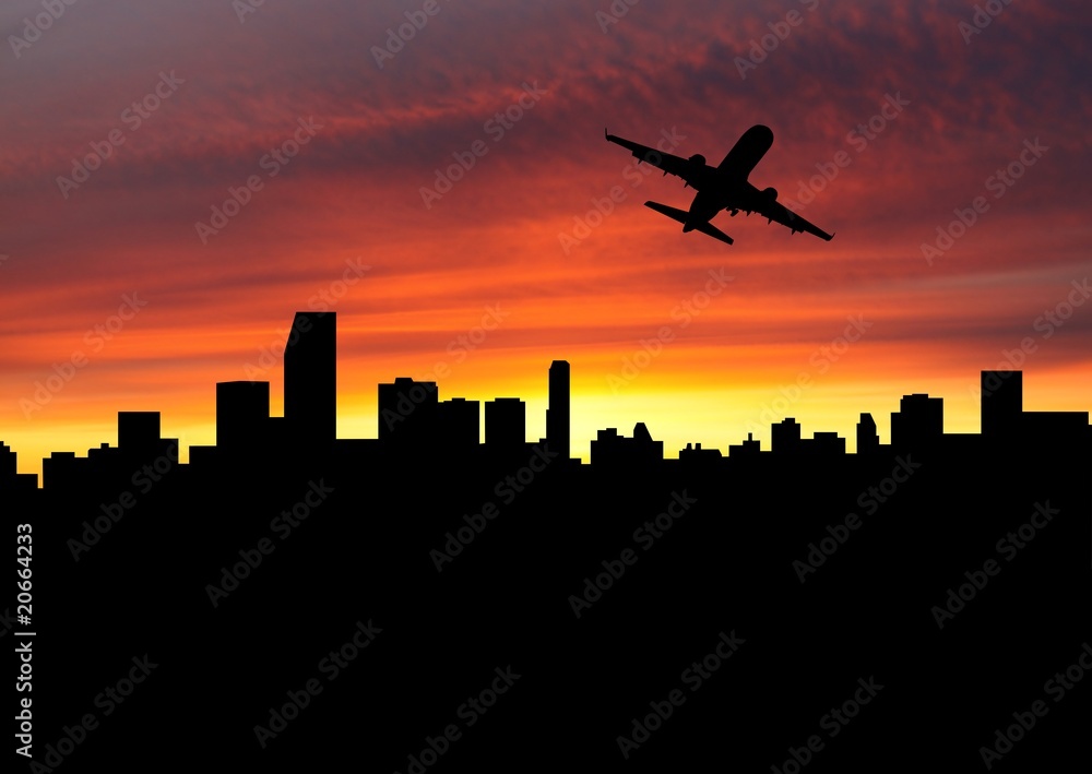 plane departing Miami at sunset illustration plane departing Miami at sunset illustration
