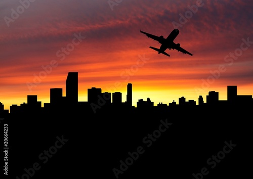 plane departing Miami at sunset illustration